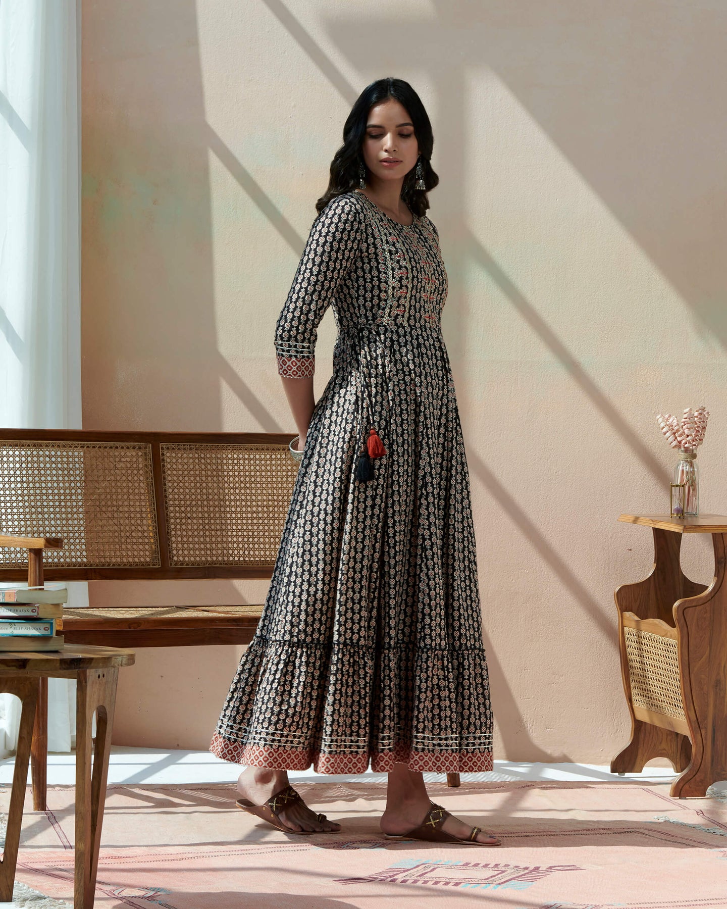 Hand Block Bagru Printed Tiered Dress With Emb At Yoke